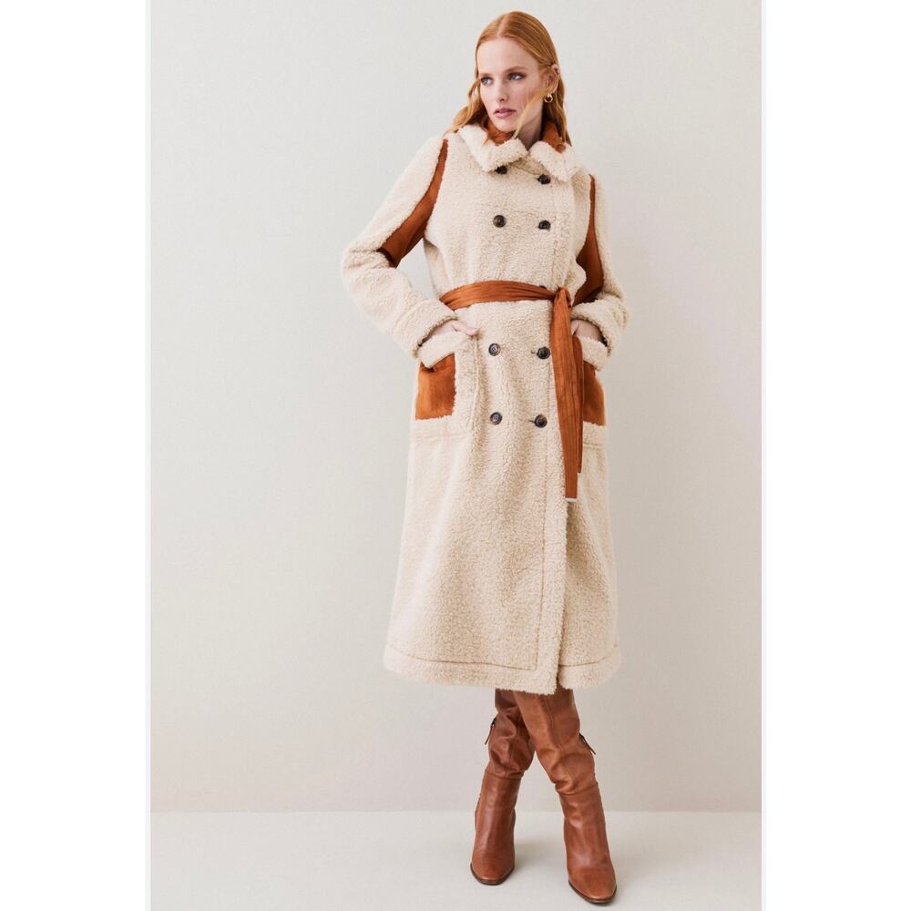 KAREN MILLEN Longline Faux Shearling & Teddy Belted Coat Colour: Cream /Brown